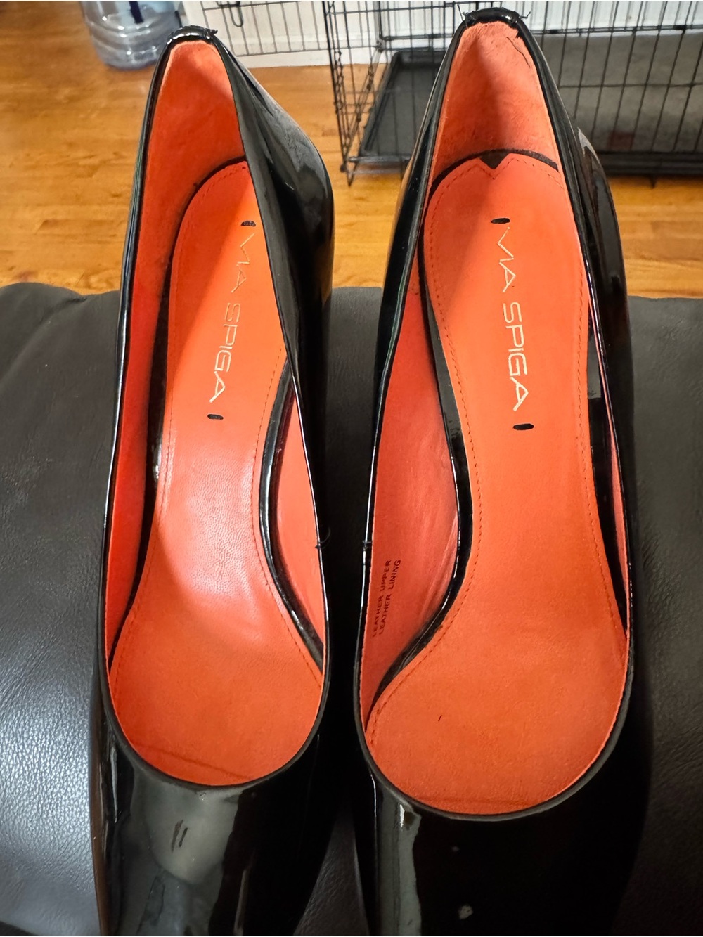 Via Spiga Black Patent Pointed-Toe Pumps with Orange Insole
